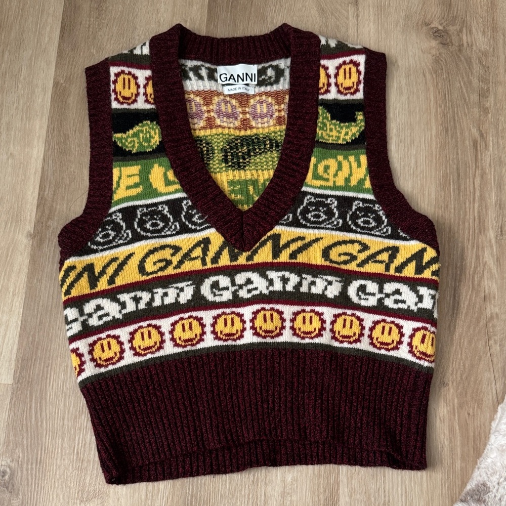 Ganni Burgundy Multicolor Knit Vest